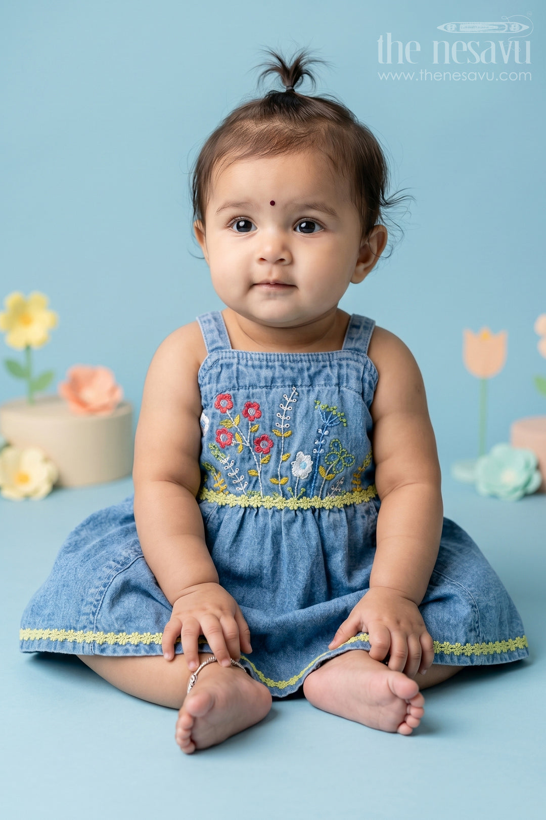 The Nesavu Baby Frocks Baby Girl Denim Frock for Casual Outings and Photos Nesavu 14 (6M) / Black / Cotton BFJ1007A-14 Nesavu Baby Girl Denim Frock For Casual Outings With Thread Embroidery Sleeveless Stylish Dress