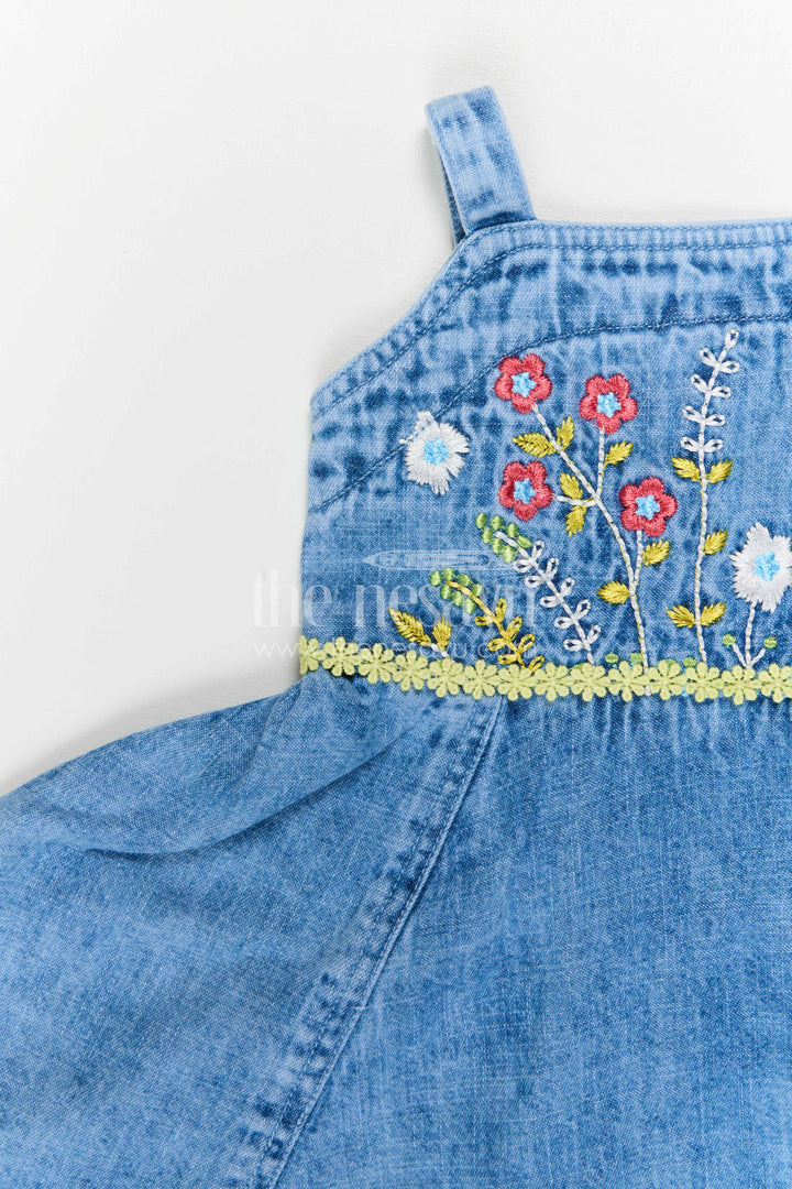 The Nesavu Baby Frocks Baby Girl Denim Frock for Casual Outings and Photos Nesavu Nesavu Baby Girl Denim Frock For Casual Outings With Thread Embroidery Sleeveless Stylish Dress