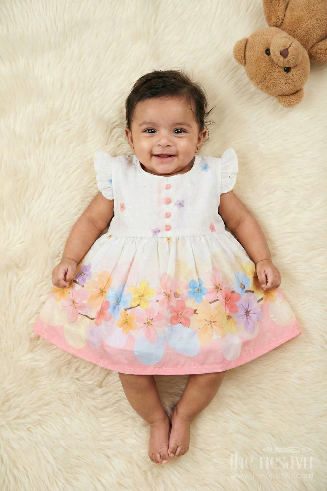 The Nesavu Baby Cotton Frocks Baby Girl Digital Print Frock with Floral Embroidery for Birthday Celebrations Nesavu 14 (6M) / Multicolor BFJ891B-14 Nesavu baby girl digital floral print frock with frilled sleeves for birthdays and festive outings