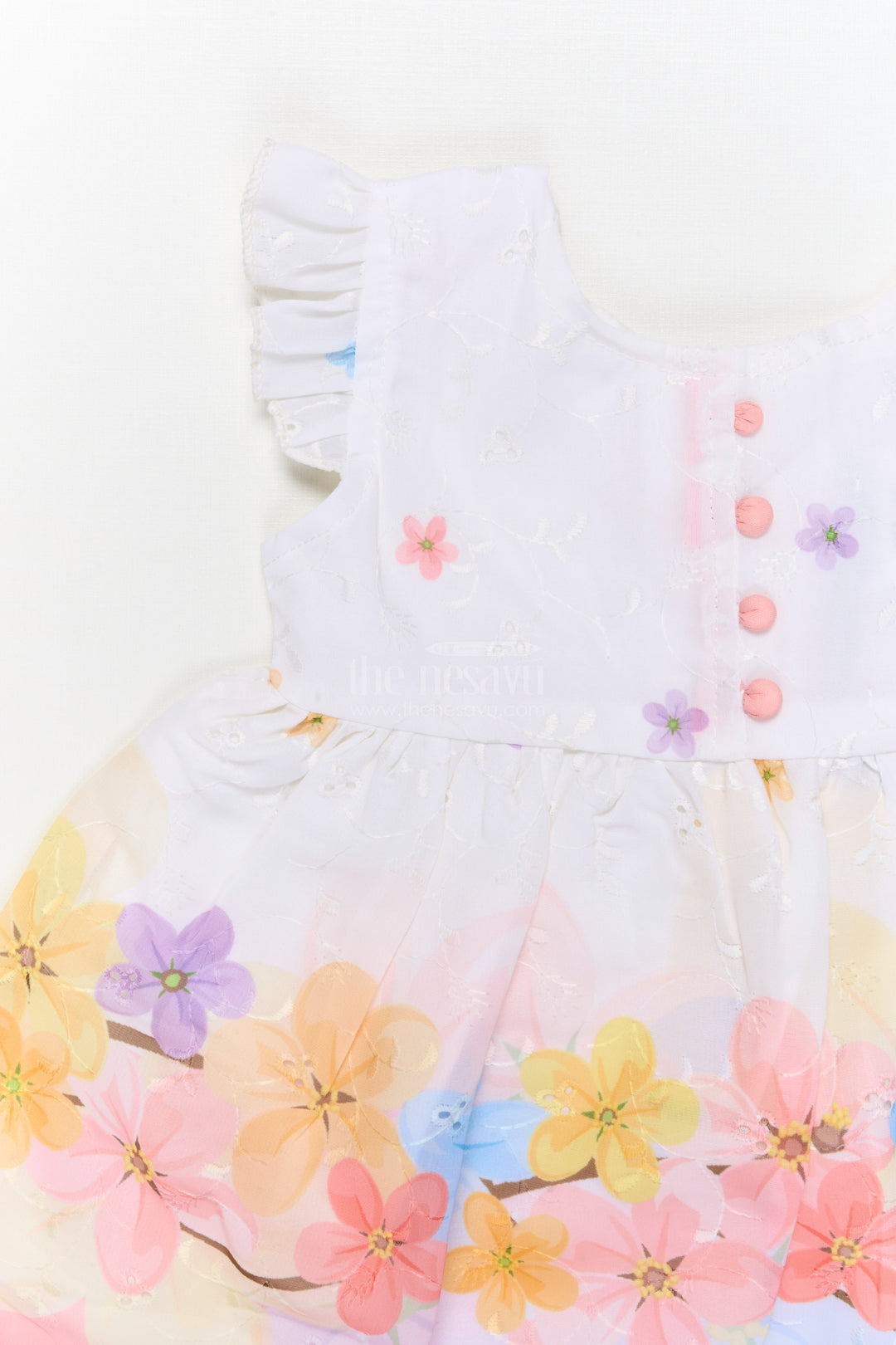 The Nesavu Baby Cotton Frocks Baby Girl Digital Print Frock with Floral Embroidery for Birthday Celebrations Nesavu Nesavu baby girl digital floral print frock with frilled sleeves for birthdays and festive outings