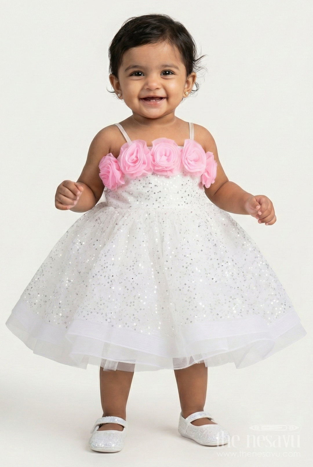 The Nesavu Baby Fancy Frock Baby Girl Dress for Birthday Party and Photoshoot Nesavu 16 (1Y) / Half white PF242A-16 Nesavu baby girl birthday dress stone embellishment photoshoots parties