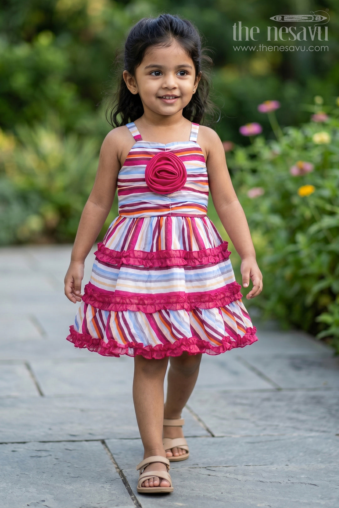 The Nesavu Girls Cotton Frock Baby Girl Dress for Birthday Party and Twirl Moments Nesavu 16 (1Y) / Red / Georgette GFC2241A-16 Nesavu Baby Girl Georgette Dress For Birthday Party With Layered Frill Design And Twirl Ready Fit