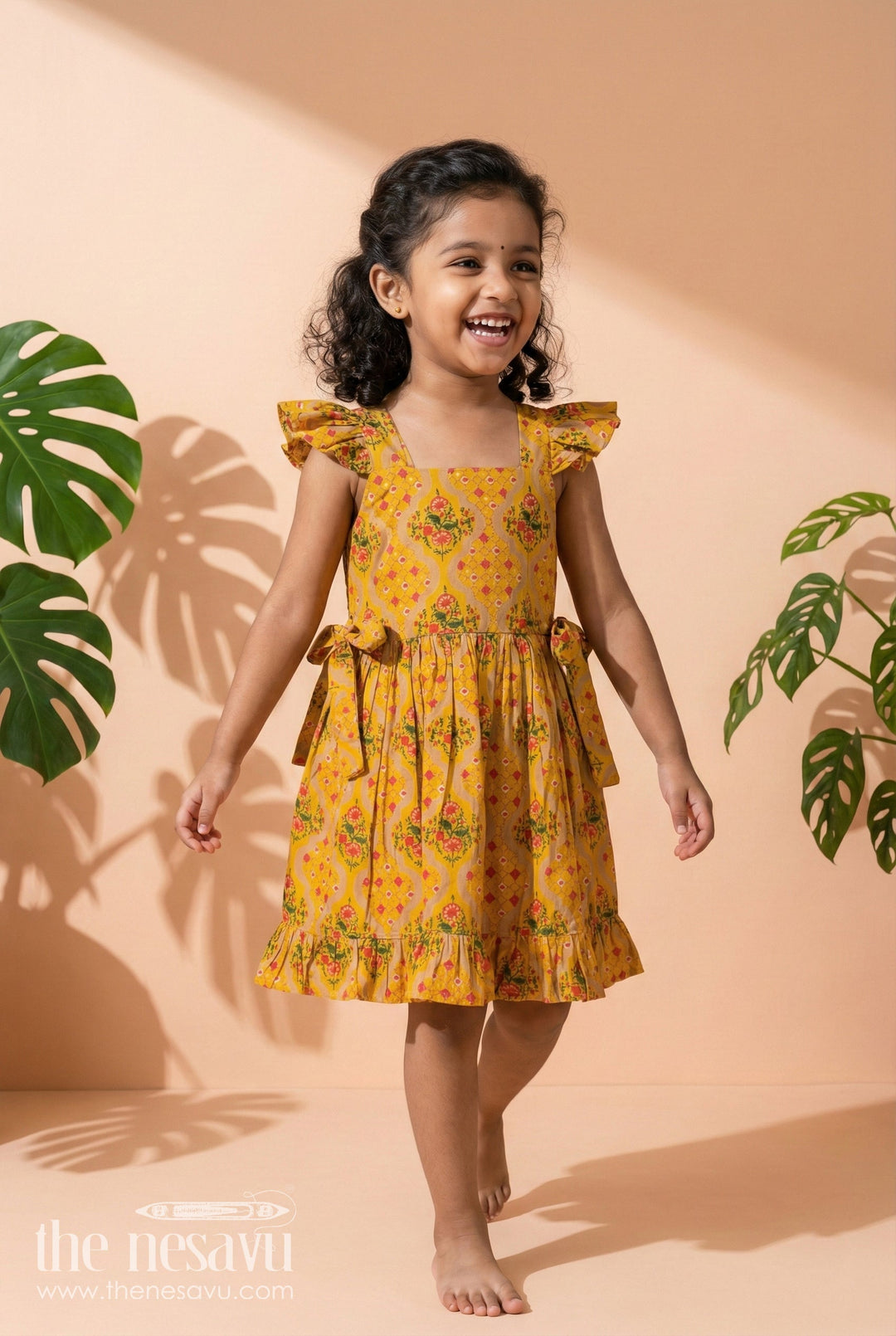 The Nesavu Girls Fancy Frock Baby Girl Dress for Birthdays and Festive Parties Nesavu 18 (2Y) / Yellow / Modal GFC2077A-18 Nesavu baby girl festive frock with vibrant print for birthdays and special occasions