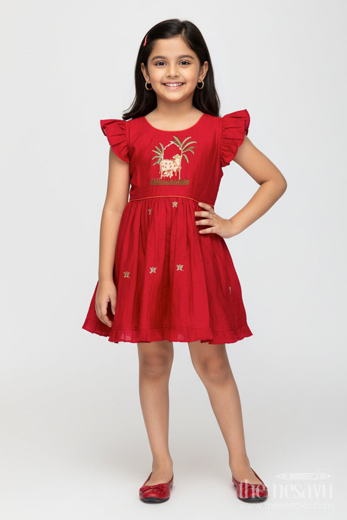The Nesavu Girls Cotton Frock Baby Girl Embroidered Cotton Frock for Weddings and Festive Ceremonies Nesavu 16 (1Y) / Red GFC1979A-16 Nesavu baby girl embroidered cotton frock weddings traditional events cultural occasions