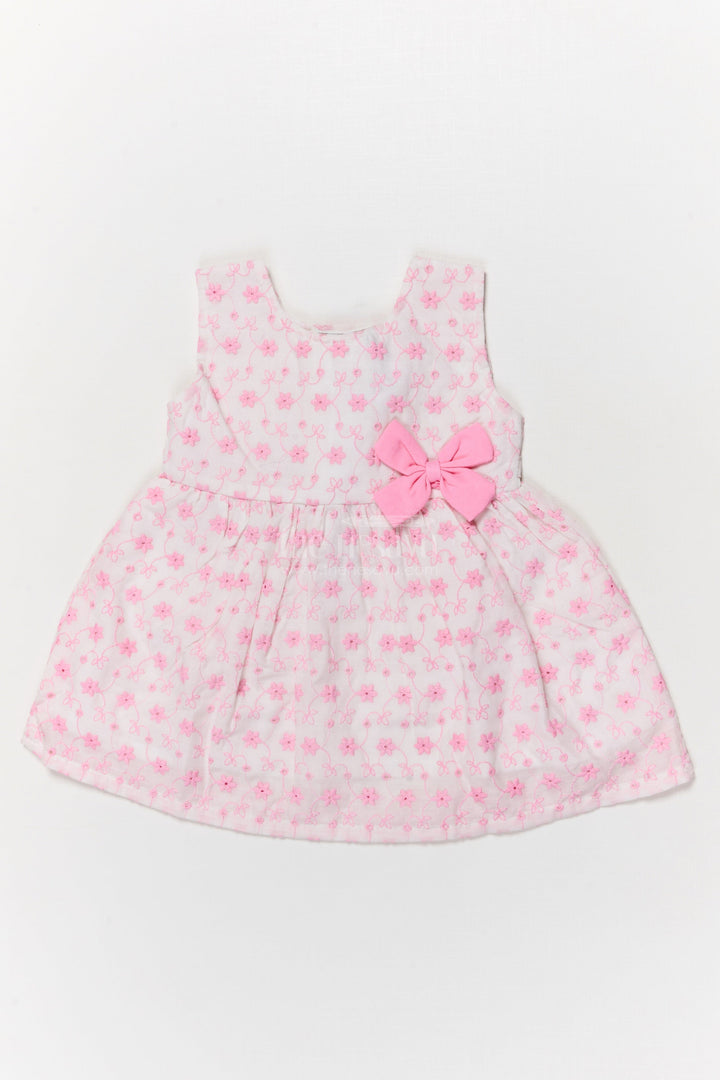 The Nesavu Baby Cotton Frocks Baby Girl Embroidered Cotton Frock with Bow for Family Outings Nesavu 14 (6M) / Pink BFJ887A-14 Nesavu baby girl cotton frock with thread embroidery and bow for everyday and family wear