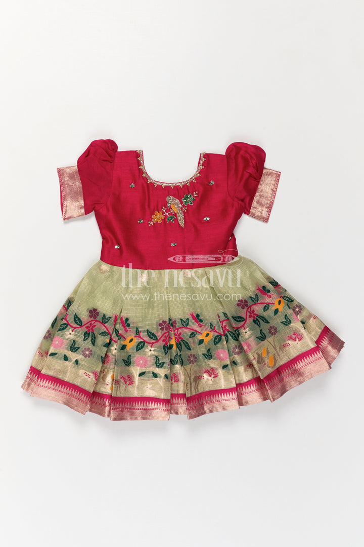 The Nesavu Silk Embroidered Frock Baby Girl Embroidered Frock for Birthday and Festive Wear Nesavu Nesavu Baby Girl Embroidered Silk Frock For Birthday And Festive Wear With Tissue Bottom Design