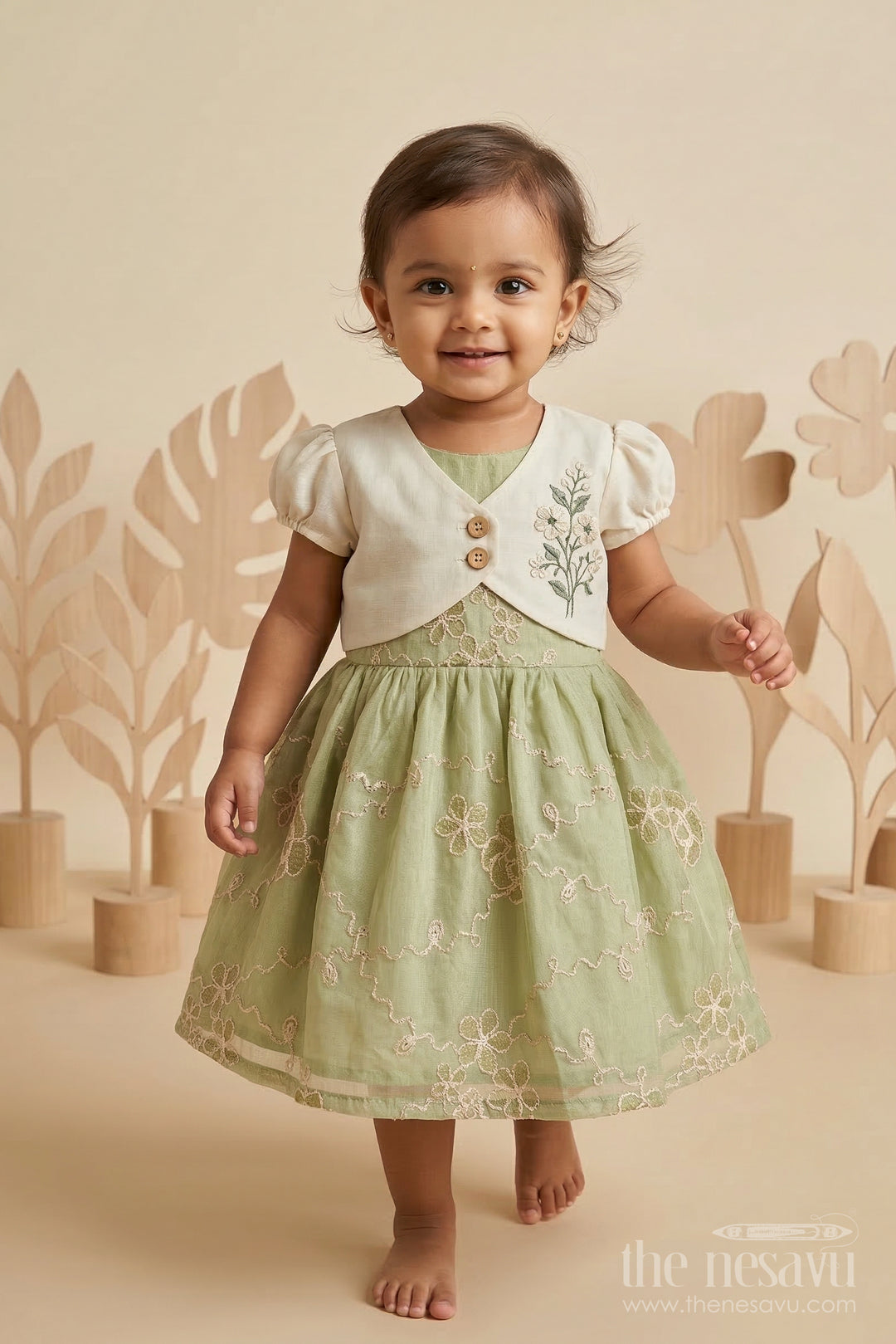 The Nesavu Baby Fancy Frock Baby Girl Embroidered Frock for Birthdays and Festive Gatherings Nesavu 14 (6M) / Green / Cotton BFJ961B-14 Nesavu baby girl cotton blend embroidered frock for birthdays festive gatherings and baby occasions