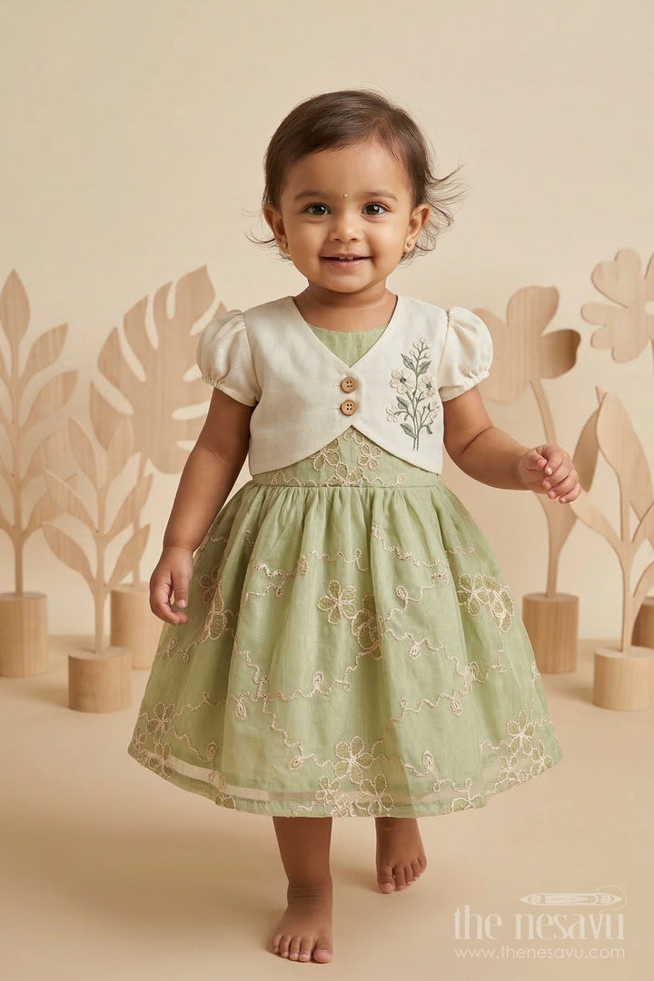 The Nesavu Baby Fancy Frock Baby Girl Embroidered Frock for Birthdays and Festive Gatherings Nesavu 14 (6M) / Green / Cotton BFJ961B-14 Nesavu baby girl cotton blend embroidered frock for birthdays festive gatherings and baby occasions