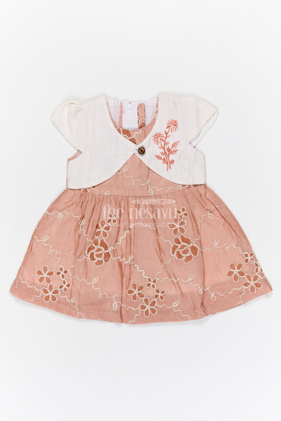The Nesavu Baby Fancy Frock Baby Girl Embroidered Party Frock for Birthdays and Family Celebrations Nesavu 14 (6M) / Brown / Cotton BFJ961A-14 Nesavu baby girl embroidered party frock with jacket style design for birthdays and celebrations