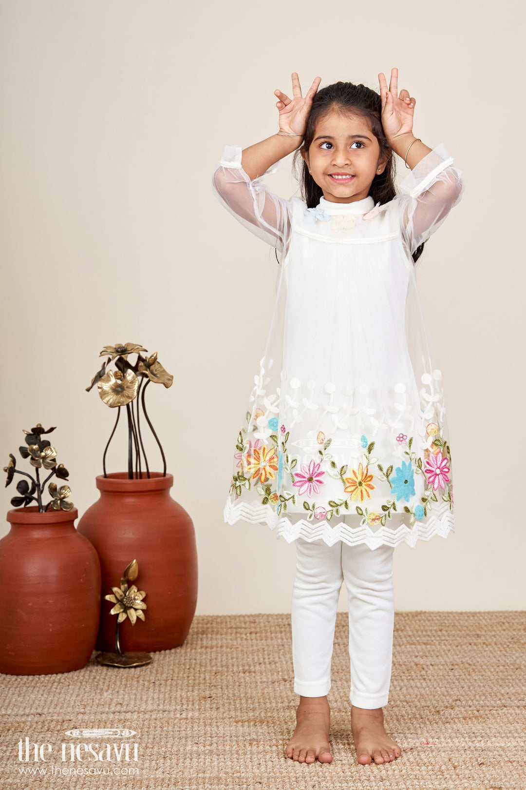 The Nesavu Girls Casual Set Baby girl embroidered top and legging set for festive occasions Nesavu 18 (2Y) / Cream GPS831A-18 Nesavu baby girl embroidered top legging set  perfect festive gatherings celebrations