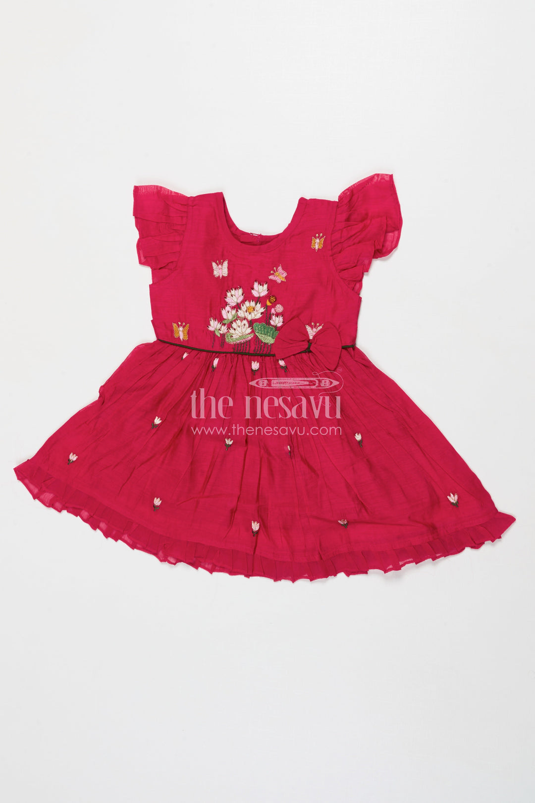 The Nesavu Girls Chanderi Frock Baby Girl Ethnic Frock for Weddings and Festive Moments Nesavu 16 (1Y) / Red GFC1940B-16 Nesavu baby girl ethnic frock with thread embroidery in Chanderi cotton for weddings and poojas