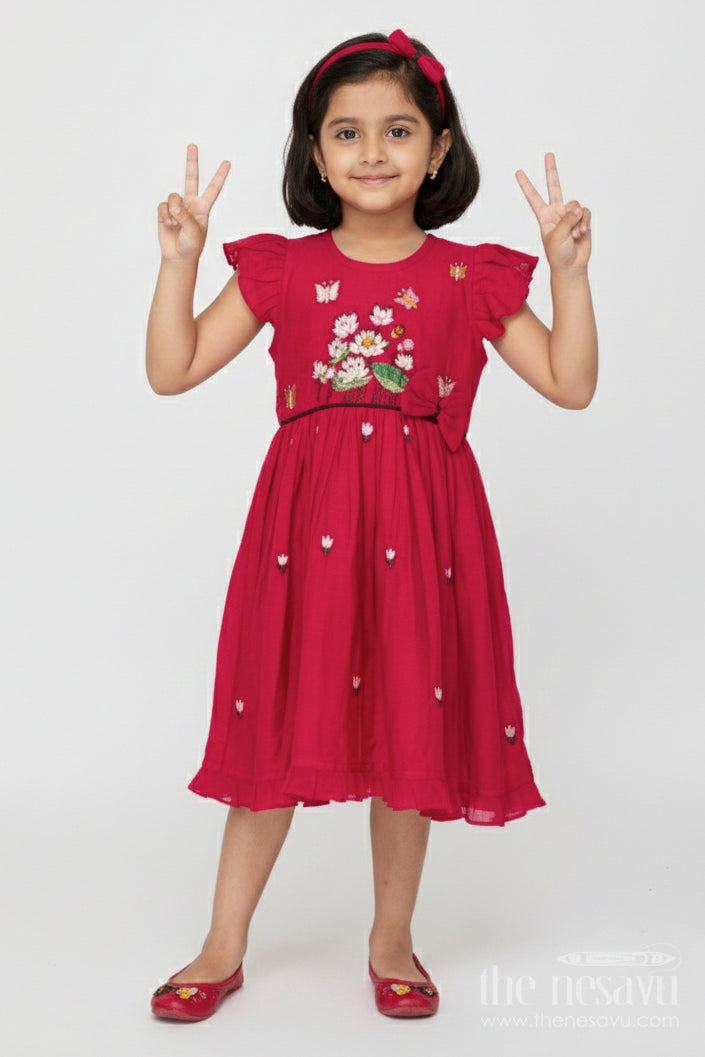 The Nesavu Girls Chanderi Frock Baby Girl Ethnic Frock for Weddings and Festive Moments Nesavu 16 (1Y) / Red GFC1940B-16 Nesavu baby girl ethnic frock with thread embroidery in Chanderi cotton for weddings and poojas
