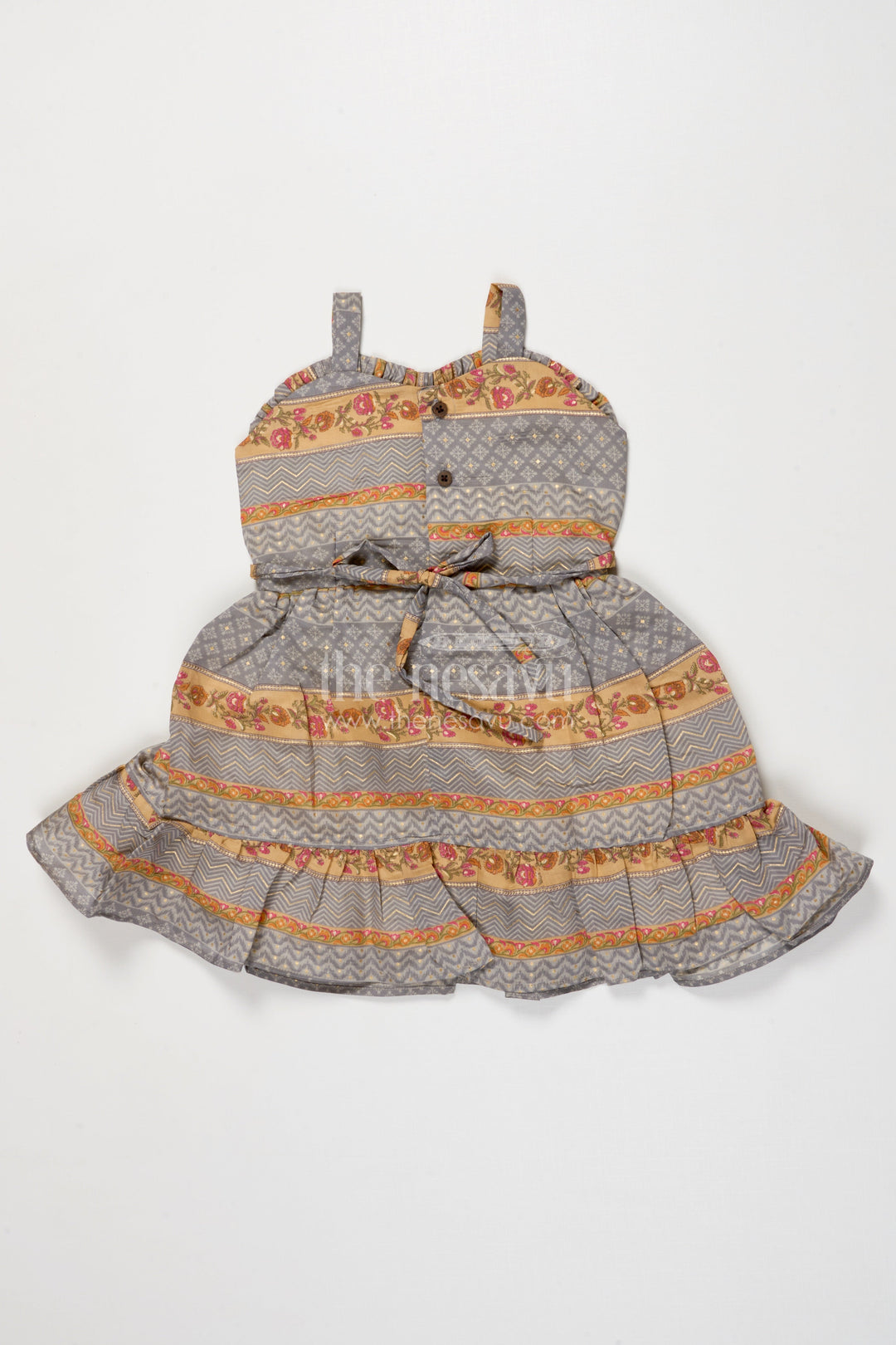 The Nesavu Girls Cotton Frock Baby Girl Ethnic Frock with Shoulder Straps and Festive Print for Special Occasions Nesavu Nesavu baby girl ethnic printed frock with straps and flared layers for festive moments