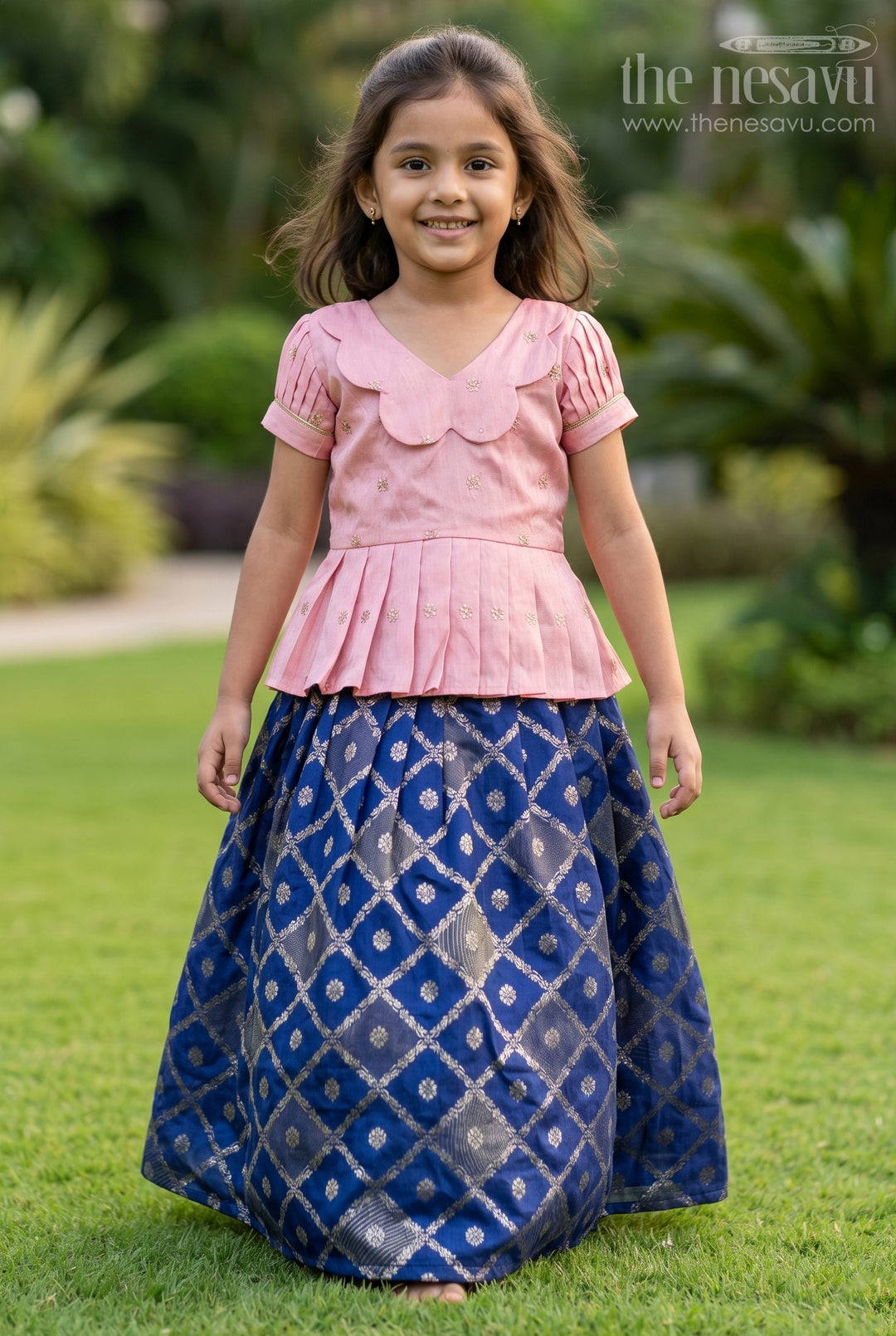 The Nesavu Pattu Pavadai Baby Girl Ethnic Pavadai Set for Festive Photo Moments Nesavu 18 (2Y) / Peach / Semi Banarasi GPP392B-18 Nesavu Baby Girl Ethnic Pavadai Set With Woven Banaras Skirt For Festive Occasions