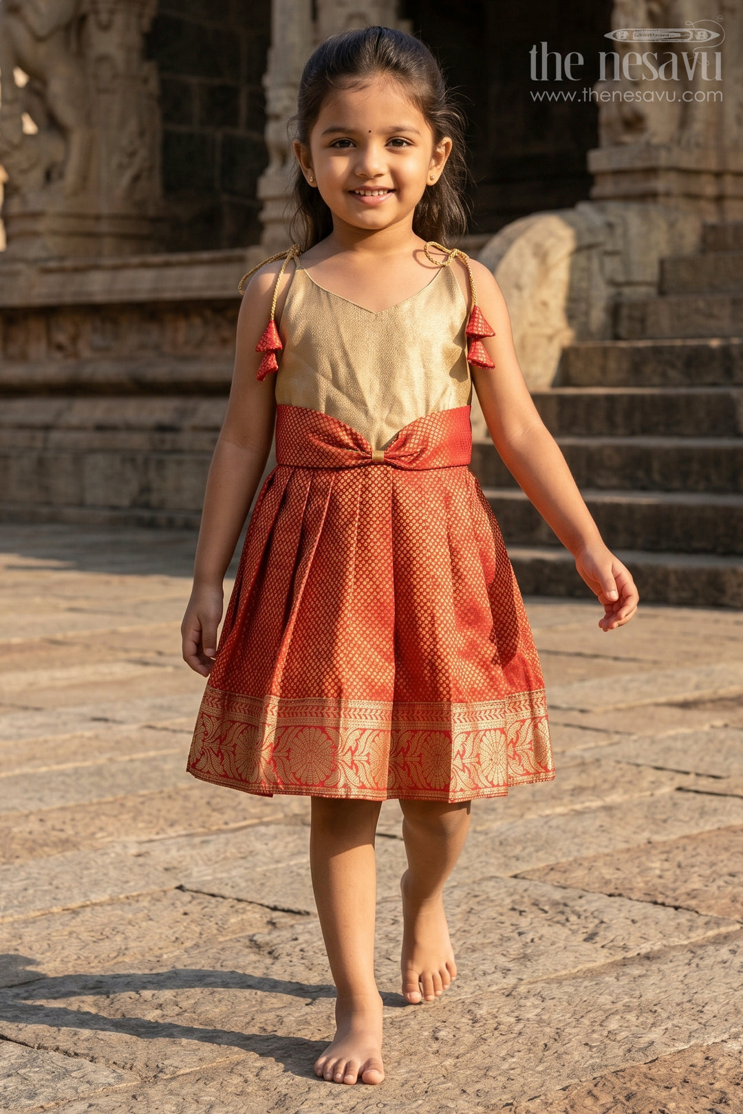 The Nesavu Tie-up Frock Baby Girl Ethnic Silk Frock with Contrast Yoke for Poojas and Family Occasions Nesavu 16 (1Y) / Gold / Banarasi T426A-16 Nesavu baby girl ethnic banaras silk frock with tissue yoke and tie-up shoulders for festive moments