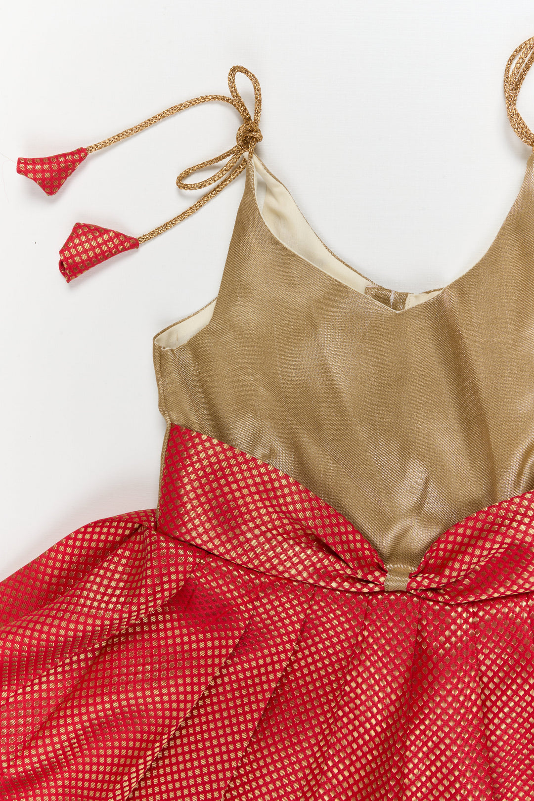 The Nesavu Tie-up Frock Baby Girl Ethnic Silk Frock with Contrast Yoke for Poojas and Family Occasions Nesavu Nesavu baby girl ethnic banaras silk frock with tissue yoke and tie-up shoulders for festive moments