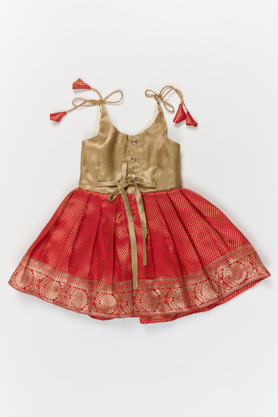 The Nesavu Tie-up Frock Baby Girl Ethnic Silk Frock with Contrast Yoke for Poojas and Family Occasions Nesavu Nesavu baby girl ethnic banaras silk frock with tissue yoke and tie-up shoulders for festive moments
