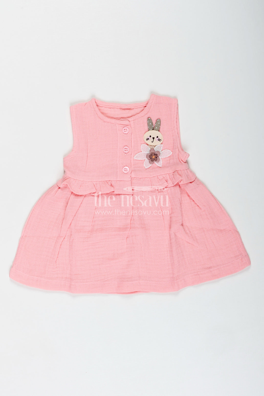 The Nesavu Baby Cotton Frocks Baby Girl Everyday Dress with Bunny Embroidery Nesavu 10 (NB) / Pink BFJ834B-10 Nesavu Baby Girl Everyday Cotton Frock Bunny Embroidery Ruffled Sleeveless Design