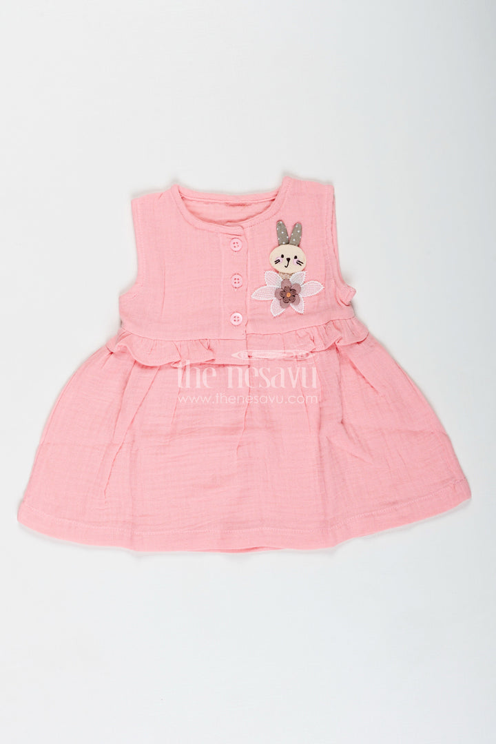 The Nesavu Baby Cotton Frocks Baby Girl Everyday Dress with Bunny Embroidery Nesavu 10 (NB) / Pink BFJ834B-10 Nesavu Baby Girl Everyday Cotton Frock Bunny Embroidery Ruffled Sleeveless Design