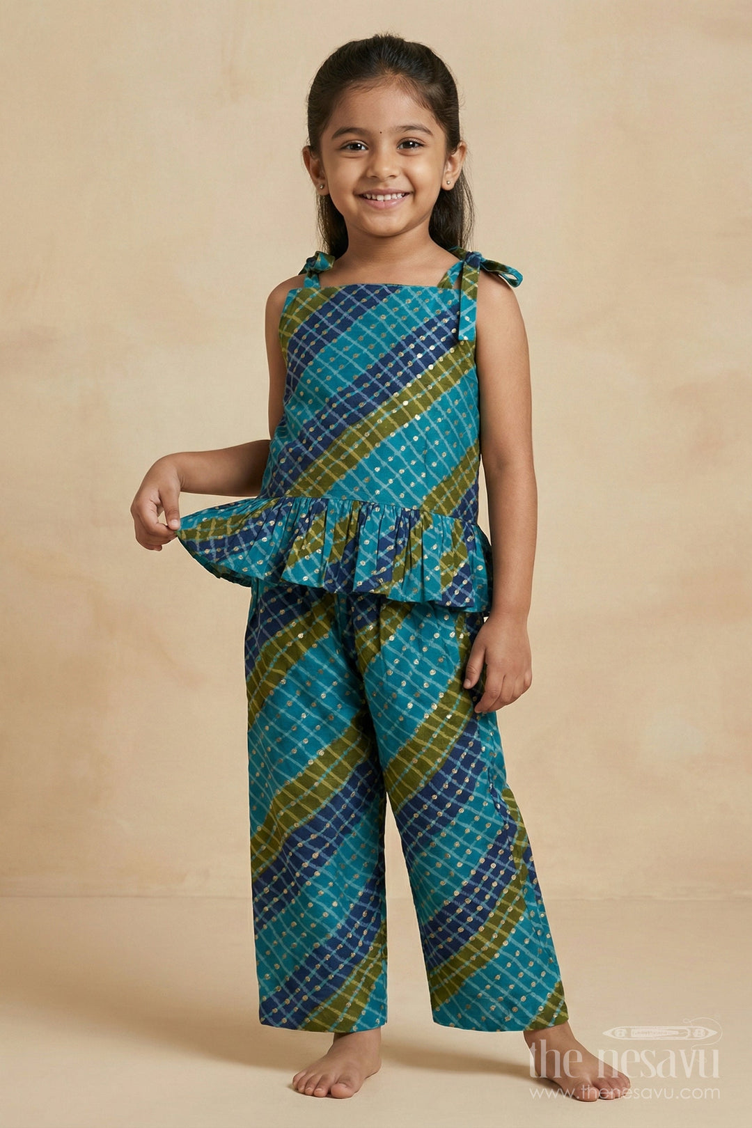 The Nesavu Girls Co-Ord Sets Baby Girl Festive Co-ord Set in Modal Silk with Ethnic Prints Nesavu Nesavu baby girl modal silk co-ord set with digital ethnic print for festivals and ethnic school days
