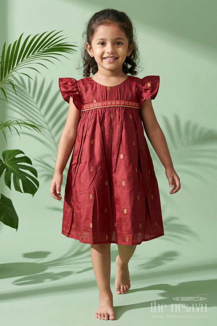 The Nesavu Girls Chanderi Frock Baby Girl Festive Frock for Birthday Parties and Poojas Nesavu 20 (3Y) / Red / Viscose Silk GFC2101A-20 Nesavu baby girl festive silk frock with golden butti for birthdays and pooja celebrations