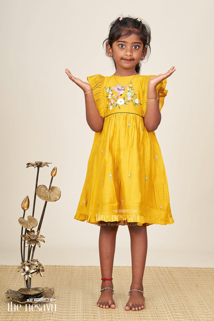 The Nesavu Girls Chanderi Frock Baby girl festive frock with bird embroidery for functions and parties Nesavu 16 (1Y) / Yellow GFC1938A-16 Nesavu baby girl festive frock bird floral embroidery birthdays ethnic events