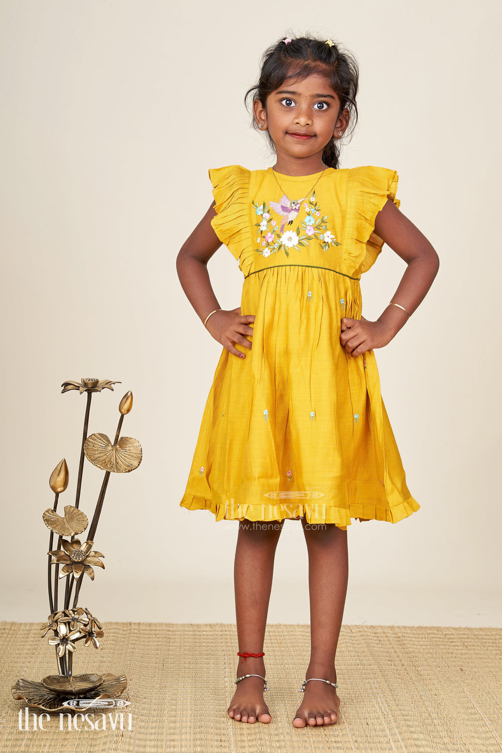 The Nesavu Girls Chanderi Frock Baby girl festive frock with bird embroidery for functions and parties Nesavu Nesavu baby girl festive frock bird floral embroidery birthdays ethnic events