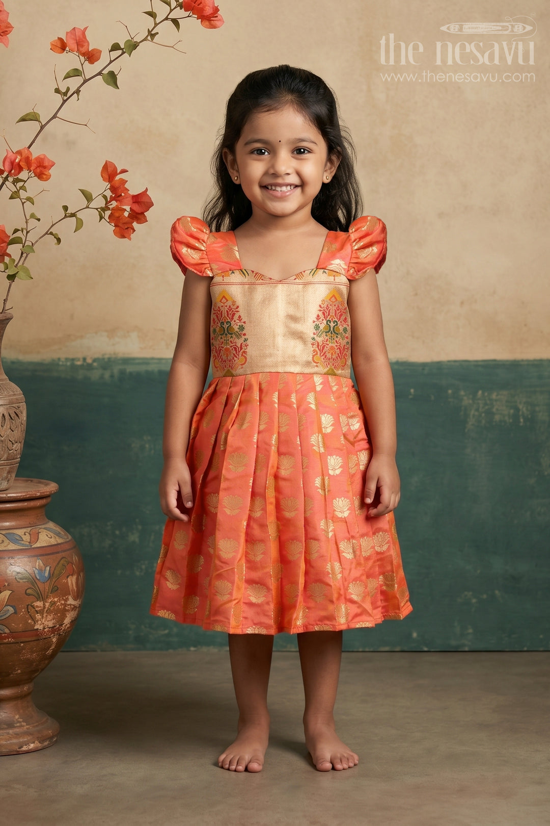 The Nesavu Silk Frock Baby Girl Festive Silk Frock for Birthdays and Special Occasions Nesavu 22 (4Y) / Orange / Semi Banarasi SF1155B-22 Nesavu Baby Girl Festive Silk Frock For Birthdays Semi Banaras Paithani Border Traditional Outfit