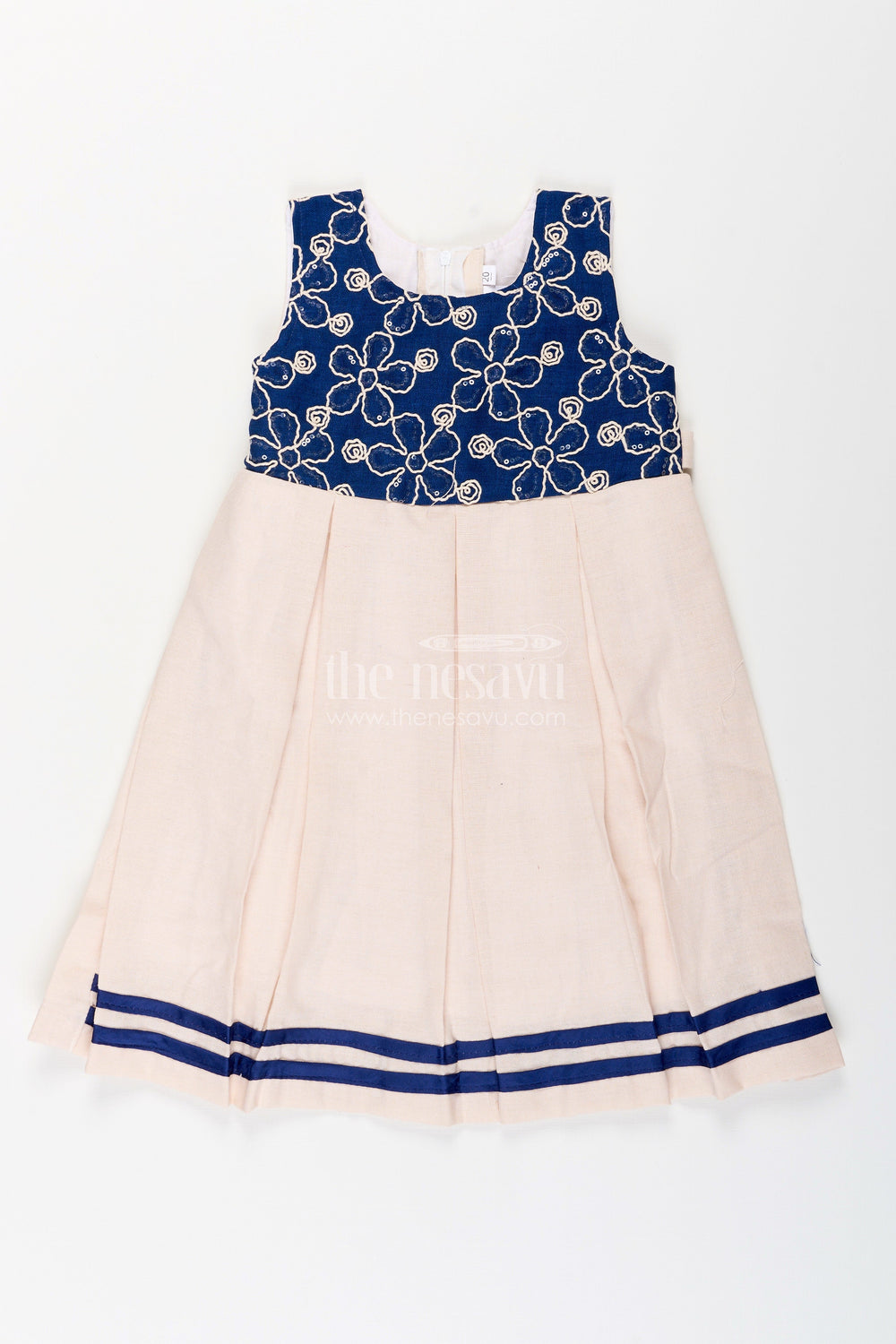 The Nesavu Girls Fancy Frock Baby Girl Flax Cotton Frock with Navy Yoke Embroidery for Festive Occasions Nesavu 20 (3Y) / Blue GFC1931A-20 Nesavu baby girl flax cotton frock navy yoke embroidery birthdays festive wear
