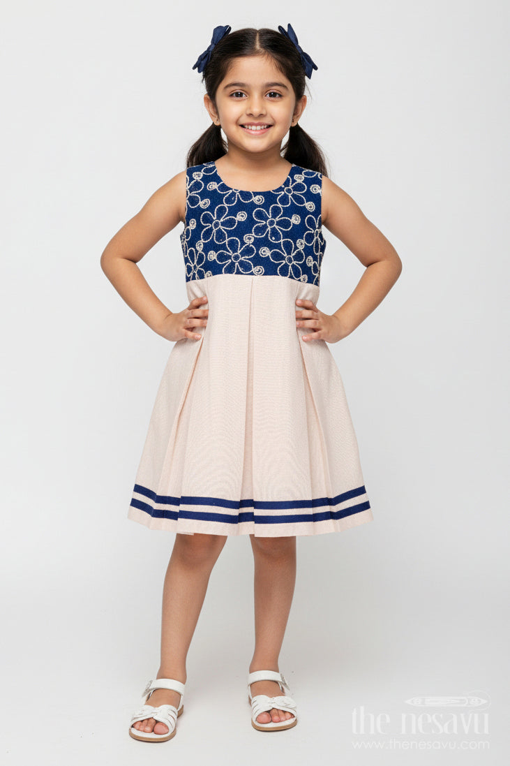 The Nesavu Girls Fancy Frock Baby Girl Flax Cotton Frock with Navy Yoke Embroidery for Festive Occasions Nesavu 20 (3Y) / Blue GFC1931A-20 Nesavu baby girl flax cotton frock navy yoke embroidery birthdays festive wear