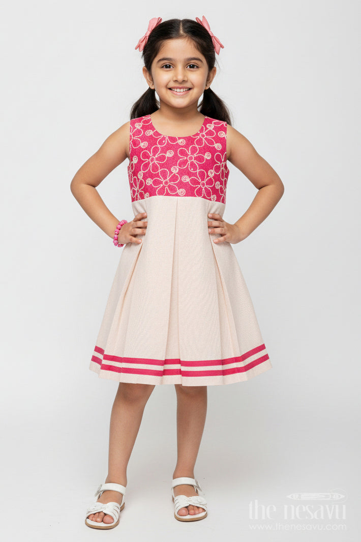 The Nesavu Girls Fancy Frock Baby Girl Flax Cotton Frock with Pink Yoke Embroidery for Parties Nesavu 20 (3Y) / Pink GFC1931B-20 Nesavu baby girl flax cotton frock pink embroidered yoke festive casual wear