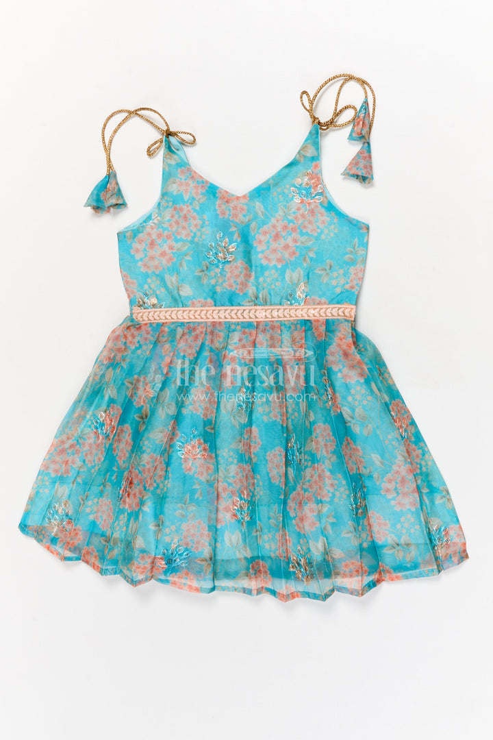 The Nesavu Tie-up Frock Baby Girl Floral Frock for Casual Outings and Playdates Nesavu 18 (2Y) / Blue / Silk Blend T417B-18 Nesavu baby girl tie-up floral frock in digital print for casual outings and playdates