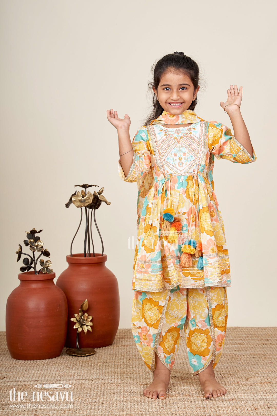The Nesavu Girls Sharara / Plazo Set Baby girl floral sharara set for birthday parties and festive gatherings Nesavu 16 (1Y) / Yellow GPS847A-16 Nesavu floral sharara set baby girls yellow cotton digital print  ideal birthdays