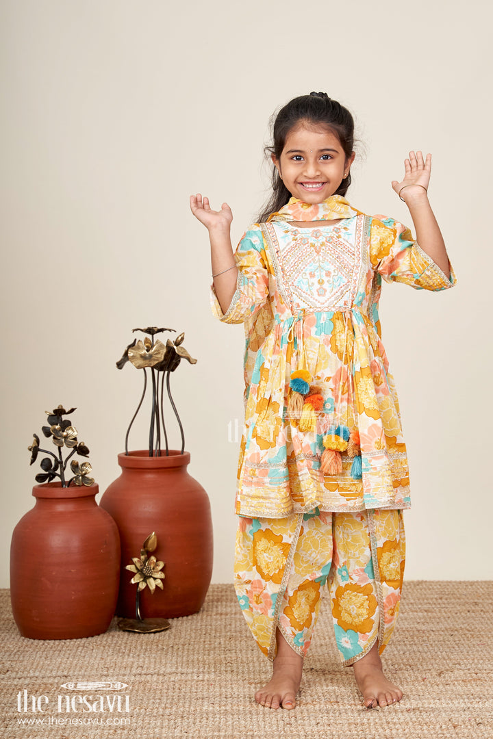 The Nesavu Girls Sharara / Plazo Set Baby girl floral sharara set for birthday parties and festive gatherings Nesavu 16 (1Y) / Yellow GPS847A-16 Nesavu floral sharara set baby girls yellow cotton digital print  ideal birthdays