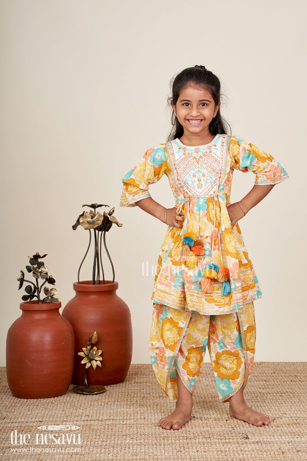 The Nesavu Girls Sharara / Plazo Set Baby girl floral sharara set for birthday parties and festive gatherings Nesavu Nesavu floral sharara set baby girls yellow cotton digital print  ideal birthdays