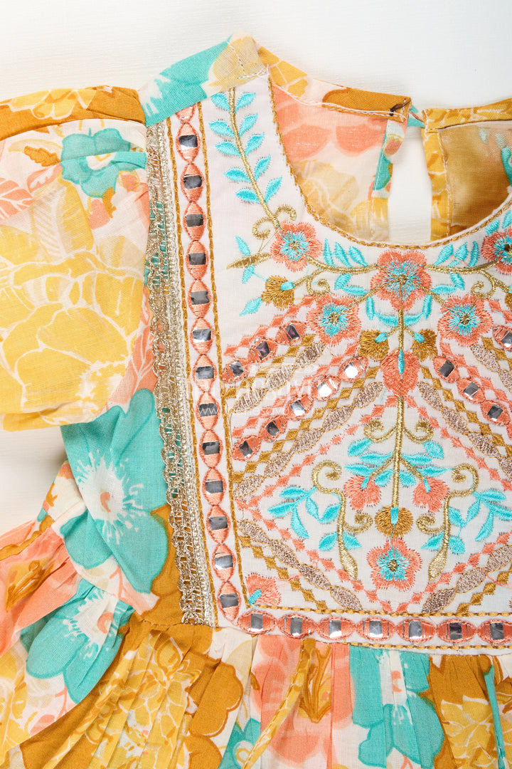 The Nesavu Girls Sharara / Plazo Set Baby girl floral sharara set for birthday parties and festive gatherings Nesavu Nesavu floral sharara set baby girls yellow cotton digital print  ideal birthdays