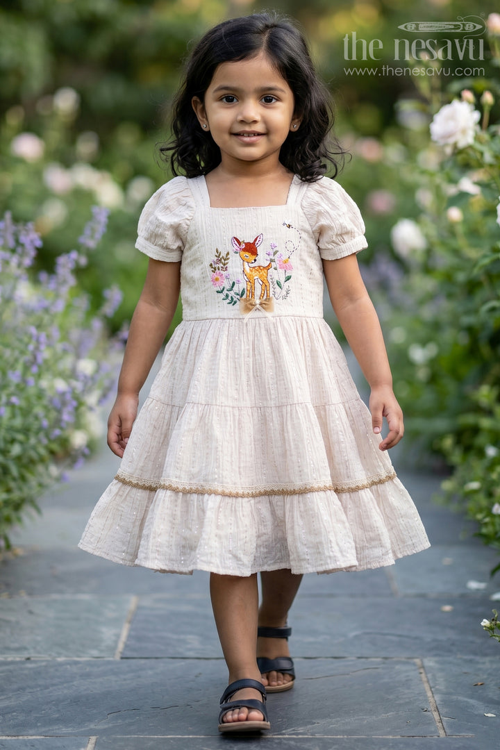 The Nesavu Girls Cotton Frock Baby Girl Frock for Birthday and Special Photoshoot Moments Nesavu 20 (3Y) / Half white / Cotton GFC2234AA-20 Nesavu Baby Girl Cotton Frock For Birthday And Photoshoot With Deer Embroidery And Tiered Flared Design