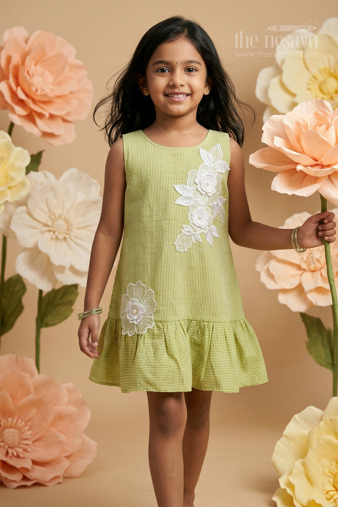 The Nesavu Girls Cotton Frock Baby Girl Frock for Birthday Parties and Festive Outings Nesavu 16 (1Y) / Green / Seer Sucker GFC2142B-16 Nesavu baby girl seer sucker cotton frock for birthdays and festive outings with layered twirl design