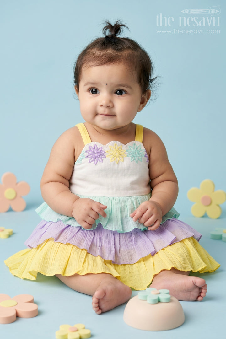 The Nesavu Baby Cotton Frocks Baby Girl Frock for Daily Wear and Play Nesavu 14 (6M) / Green / Cotton Blend BFJ1005A-14 Nesavu Baby Girl Cotton Frock For Daily Wear With Thread Embroidery Sleeveless Layered Design