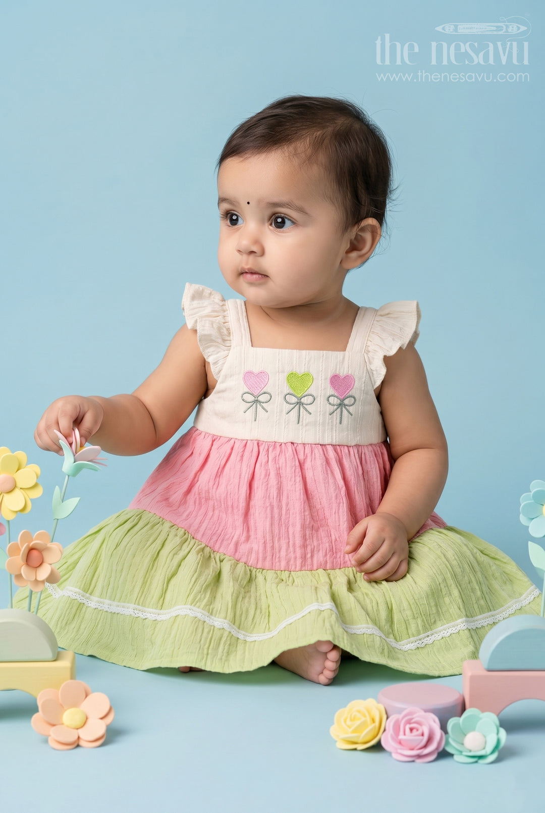 The Nesavu Baby Cotton Frocks Baby Girl Frock for Daily Wear and Playful Summer Outings Nesavu 14 (6M) / Green / Cotton BFJ1001A-14 Nesavu Baby Girl Cotton Frock For Daily Wear And Summer Outings With Heart Embroidery And Layered Design