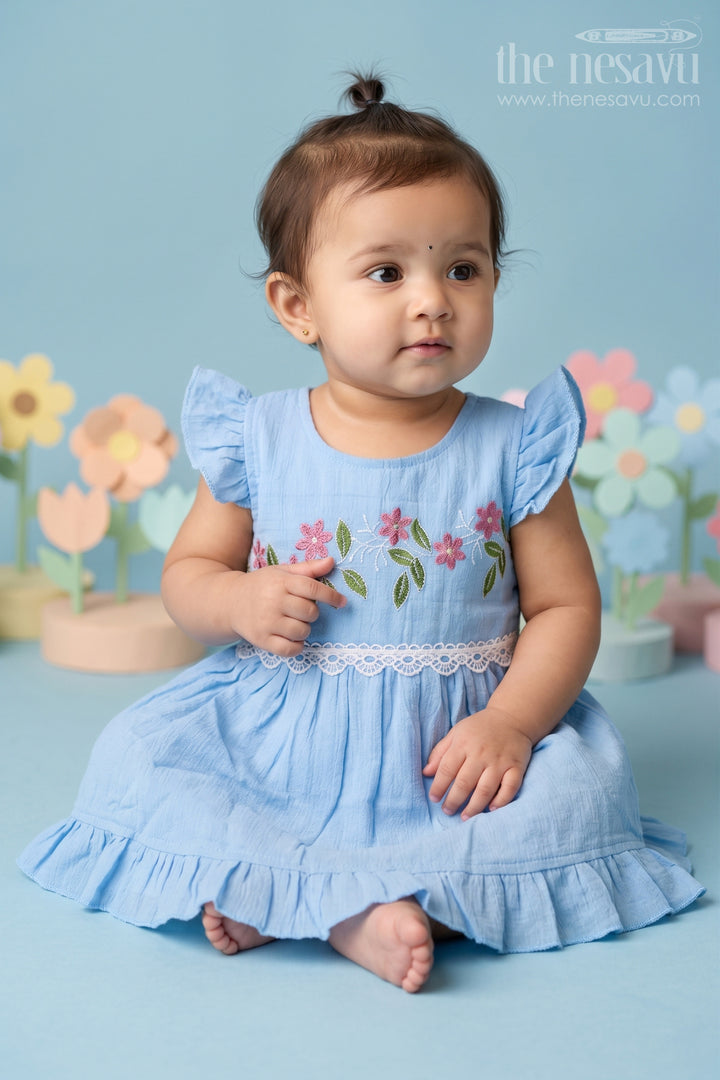 The Nesavu Baby Cotton Frocks Baby Girl Frock for Daily Wear and Playtime Comfort Nesavu 14 (6M) / Blue / Cotton BFJ1002B-14 Nesavu Baby Girl Cotton Frock For Daily Wear And Playtime With Floral Embroidery And Soft Frill Design