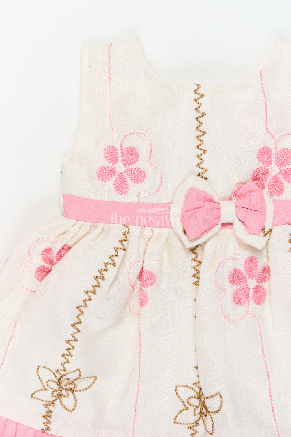 The Nesavu Baby Cotton Frocks Baby Girl Frock for Everyday Wear and Playdates Nesavu 14 (6M) / Pink / Cotton BFJ924A-14 Nesavu baby girl frock with floral threadwork and ruffle hem – perfect for everyday outings and playdates