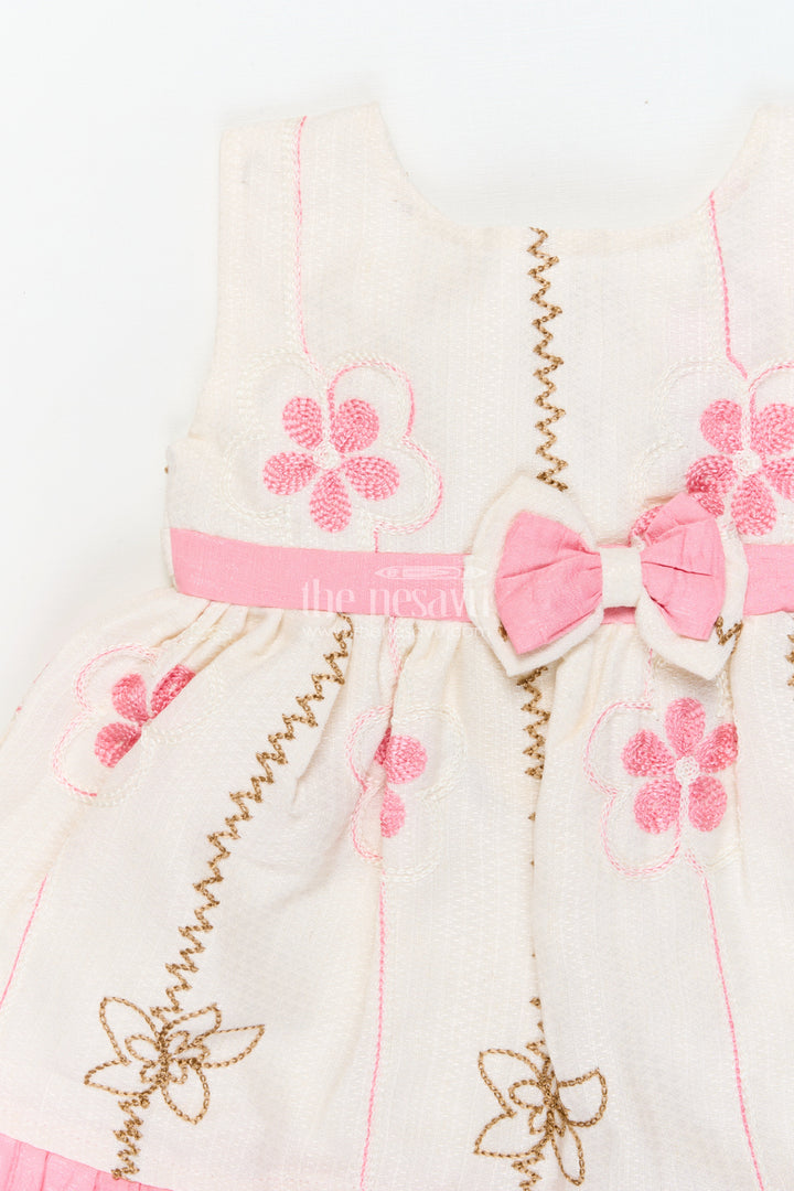 The Nesavu Baby Cotton Frocks Baby Girl Frock for Everyday Wear and Playdates Nesavu 14 (6M) / Pink / Cotton BFJ924A-14 Nesavu baby girl frock with floral threadwork and ruffle hem – perfect for everyday outings and playdates