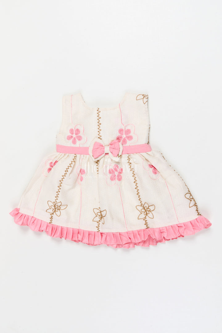 The Nesavu Baby Cotton Frocks Baby Girl Frock for Everyday Wear and Playdates Nesavu 14 (6M) / Pink / Cotton BFJ924A-14 Nesavu baby girl frock with floral threadwork and ruffle hem – perfect for everyday outings and playdates