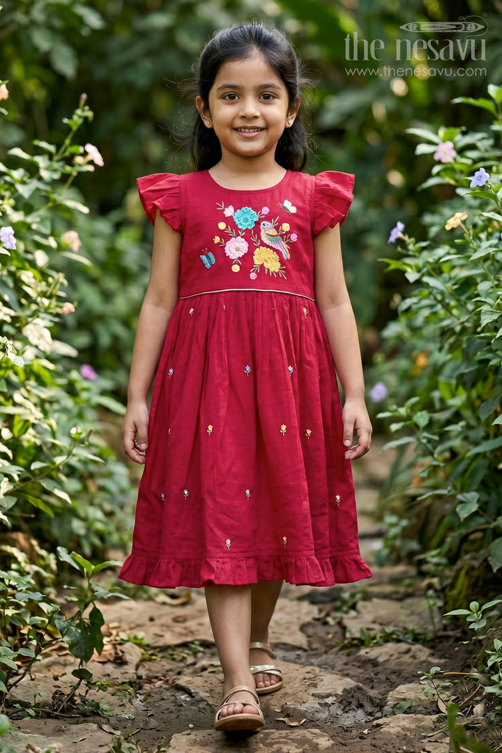 The Nesavu Girls Chanderi Frock Baby Girl Frock for Festive Celebrations and Birthday Moments Nesavu 16 (1Y) / Red / Chanderi GFC2223A-16 Nesavu Baby Girl Chanderi Cotton Frock For Festive Celebrations And Birthday Moments With Embroidery