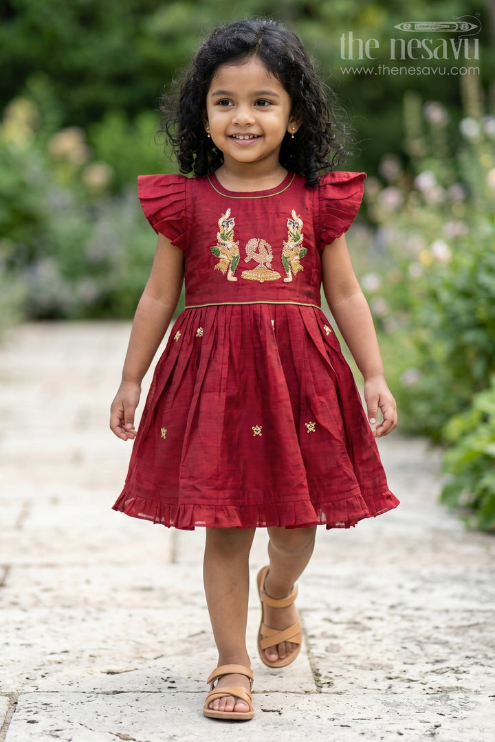 The Nesavu Girls Chanderi Frock Baby Girl Frock for Festive Celebrations and Special Occasions Nesavu 16 (1Y) / Red / Chanderi GFC2240A-16 Nesavu Baby Girl Chanderi Frock For Festive Celebrations With Thread Embroidery And Flared Design