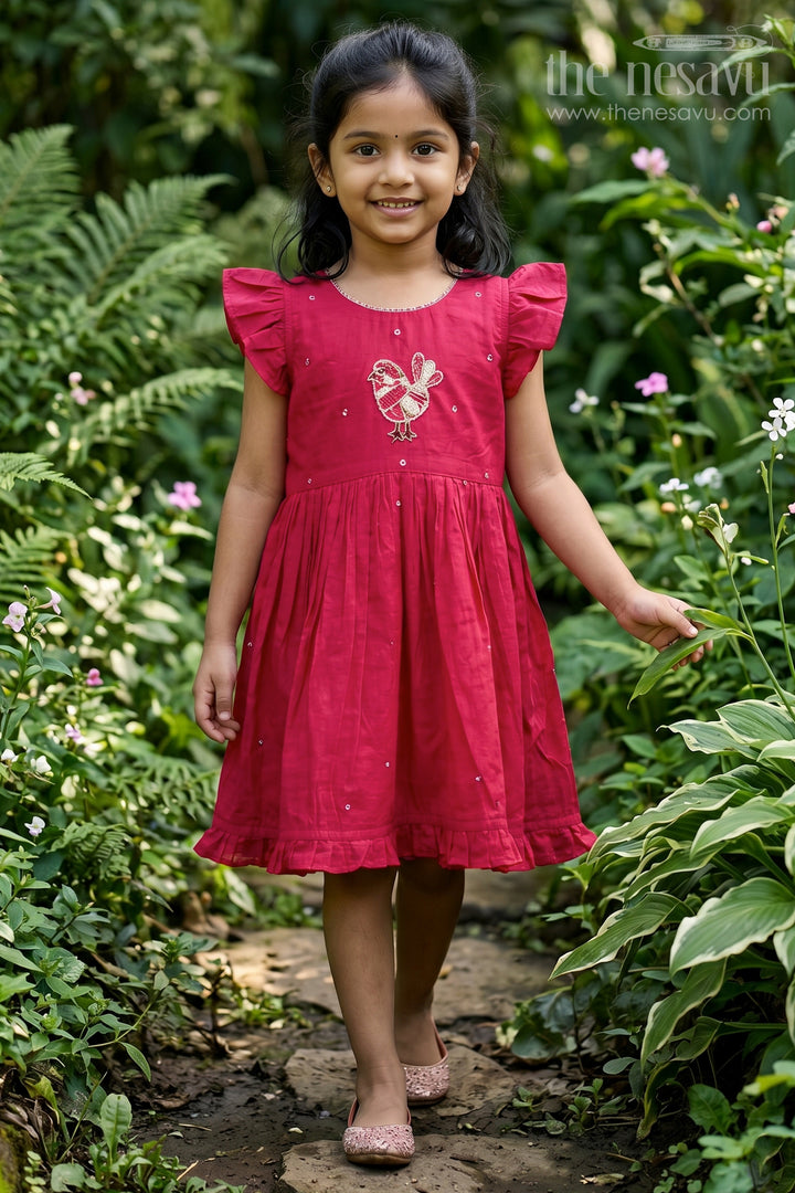 The Nesavu Girls Chanderi Frock Baby Girl Frock for Festive Gatherings and Celebration Wear Nesavu 16 (1Y) / Red / Chanderi GFC2225A-16 Nesavu Baby Girl Chanderi Cotton Frock For Festive Gatherings And Celebration Wear With Elegant Embroidery