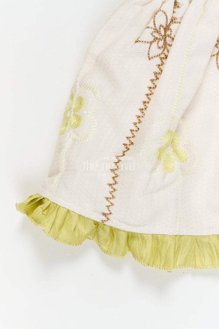 The Nesavu Baby Cotton Frocks Baby Girl Frock for Festive Mornings and Casual Events Nesavu 14 (6M) / Green / Cotton BFJ924B-14 Nesavu sleeveless baby girl frock with embroidered florals and ruffle trim – perfect for festive mornings
