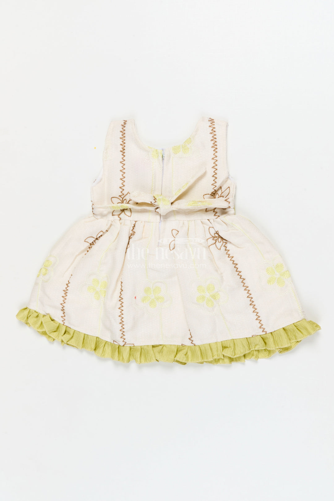 The Nesavu Baby Cotton Frocks Baby Girl Frock for Festive Mornings and Casual Events Nesavu 14 (6M) / Green / Cotton BFJ924B-14 Nesavu sleeveless baby girl frock with embroidered florals and ruffle trim – perfect for festive mornings