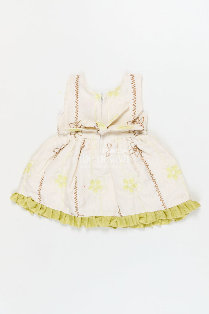 The Nesavu Baby Cotton Frocks Baby Girl Frock for Festive Mornings and Casual Events Nesavu 14 (6M) / Green / Cotton BFJ924B-14 Nesavu sleeveless baby girl frock with embroidered florals and ruffle trim – perfect for festive mornings